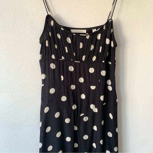 Doen Rosaria Silk Polka Dot Ruched Bust Midi Maxi Dress Solstice Sky Black - Picture 10 of 15